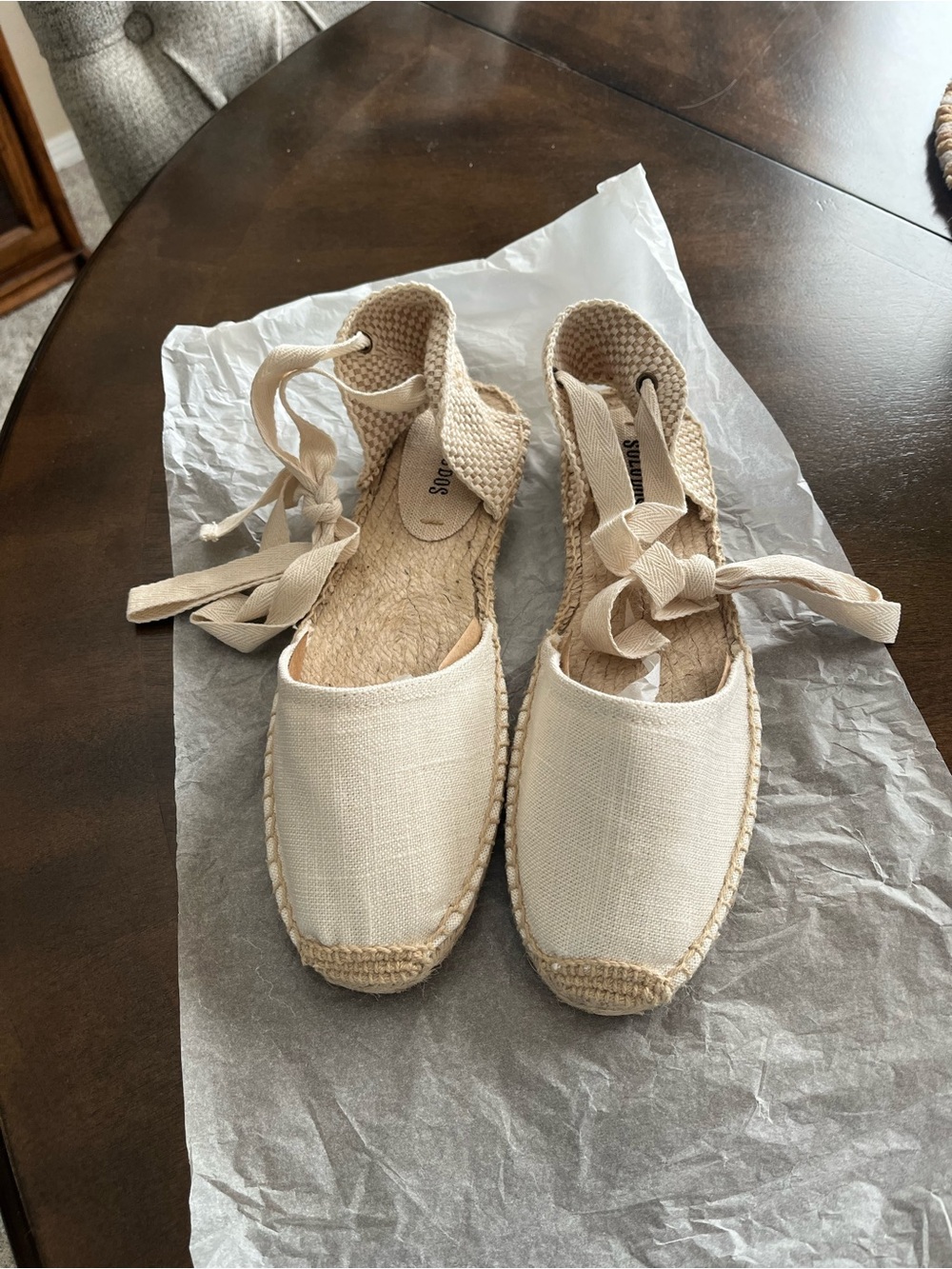 Espadrille Lace-Up Flats in Cream. Size 8